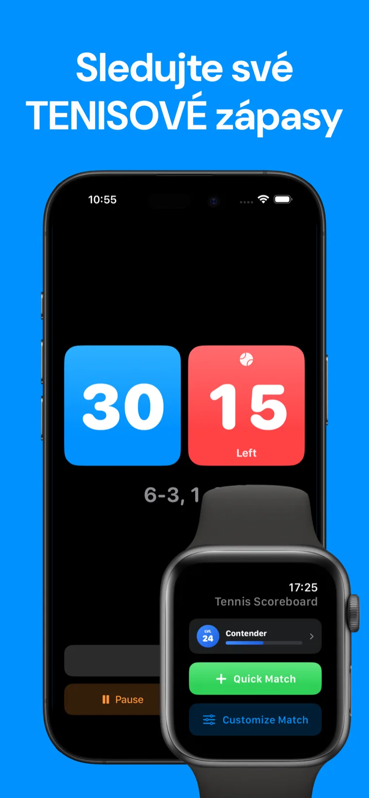 Sledujte své TENISOVÉ zápasy — Tenis Skóre: Set na iPhonu s historií zápasů a s živým skóre hry na Apple Watch