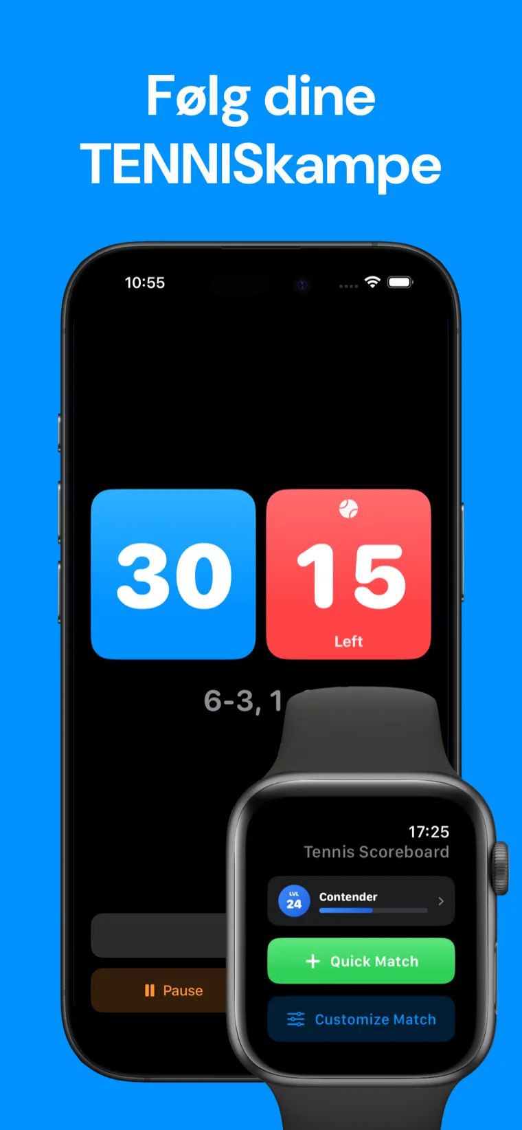 Følg dine TENNISkampe — Tennis Score: Sæt på iPhone viser historik, med en live partiscore på Apple Watch