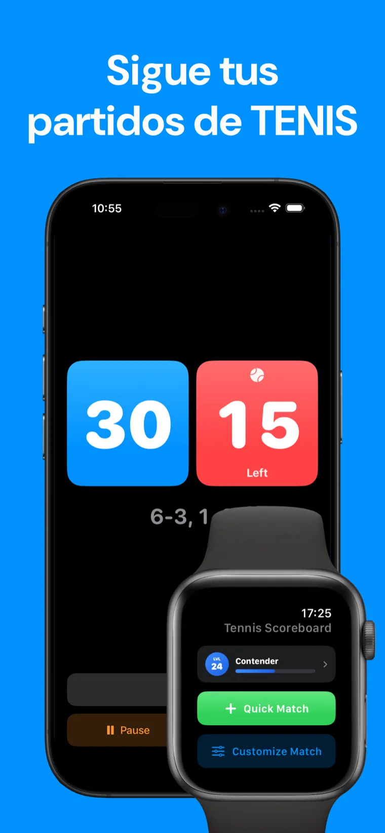 Sigue tus partidos de TENIS — Tenis Marcador en iPhone mostrando el historial de partidos, con un marcador en vivo en el Apple Watch