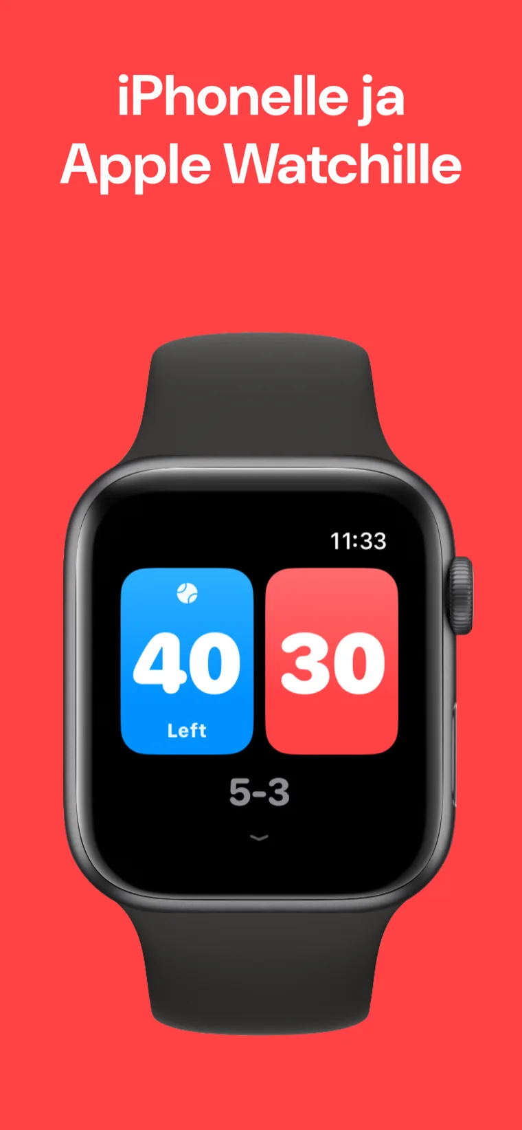 iPhonelle ja Apple Watchille — Tennis Pisteet Apple Watchilla, jossa Pikapeli, Mukauta ottelu ja Historia -vaihtoehdot