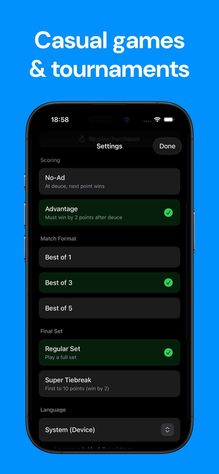 Casual games & tournaments — Tennis Scoreboard settings showing No-Ad and Advantage scoring, best of 1, 3 or 5 sets, and regular set or super tiebreak final set